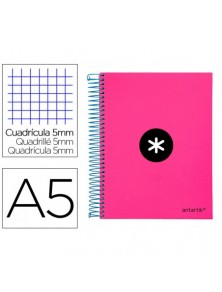 Cuaderno espiral liderpapel a5 micro antartik tapa forrada120h 100 gr cuadro 5mm 5 bandas 6 taladros color rosa