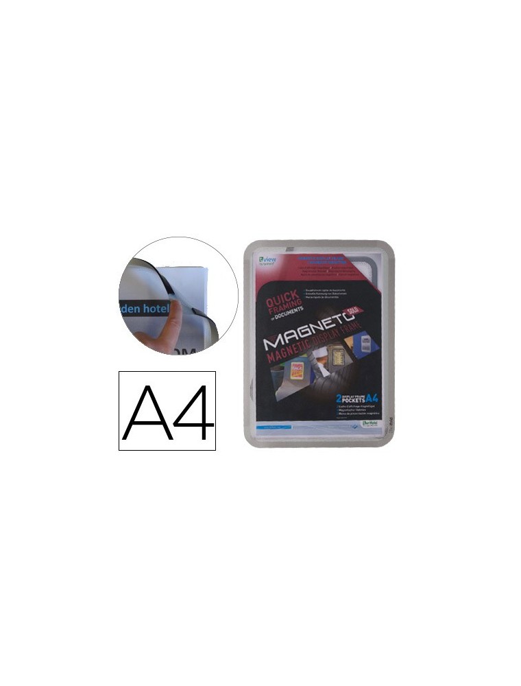 Marco porta anuncios tarifold magneto din a4 con 4 bandas magneticas en el dorso color plata pack de 2 unidades