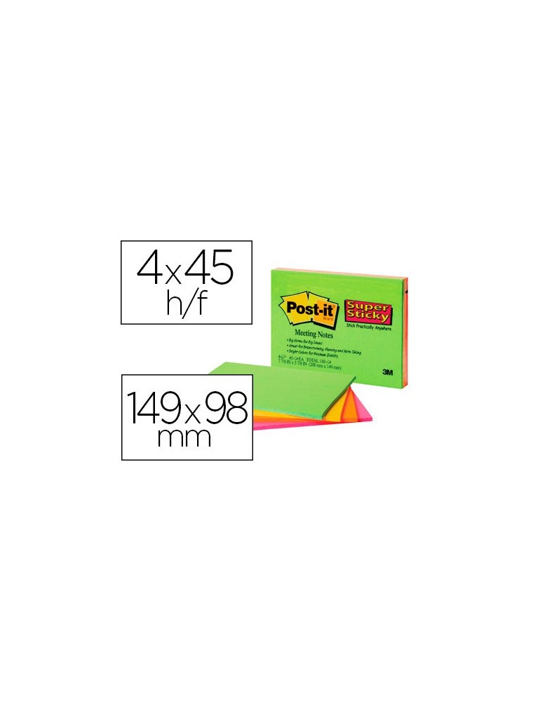 Bloc de notas adhesivas quita y pon post-it super sticky 149x98 mm con 45 hojas pack de 4 unidades colores neon