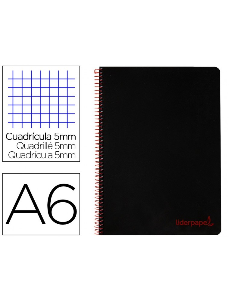 Cuaderno espiral liderpapel a6 micro wonder tapa plastico 120h 90 gr cuadro 5mm 4 bandas color negro
