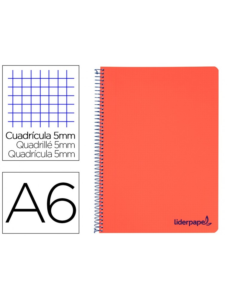 Cuaderno espiral liderpapel a6 micro wonder tapa plastico 120h 90 gr cuadro 5mm 4 bandas color rojo