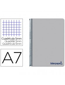 Cuaderno espiral liderpapel a7 micro wonder tapa plastico 100h 90 gr cuadro 5mm 4 bandas color gris