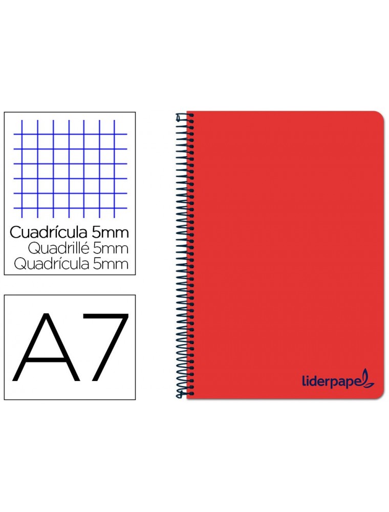 Cuaderno espiral liderpapel a7 micro wonder tapa plastico 100h 90 gr cuadro 5mm 4 bandas color rojo