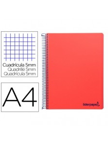 Cuaderno espiral liderpapel a4 micro wonder tapa plastico 120h 90 gr cuadro 5 mm 5 bandas 4 taladros color rojo