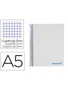 Cuaderno espiral liderpapel a5 micro wonder tapa plastico 120h 90g cuadro 5mm 5 bandas 6 taladros color gris