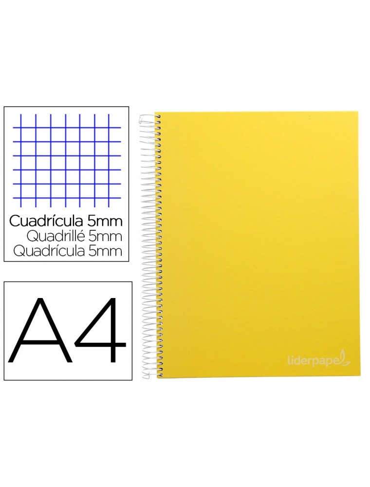 Cuaderno espiral liderpapel a4 micro jolly tapa forrada 140h 75 gr cuadro 5mm 5 bandas4 taladros color amarillo