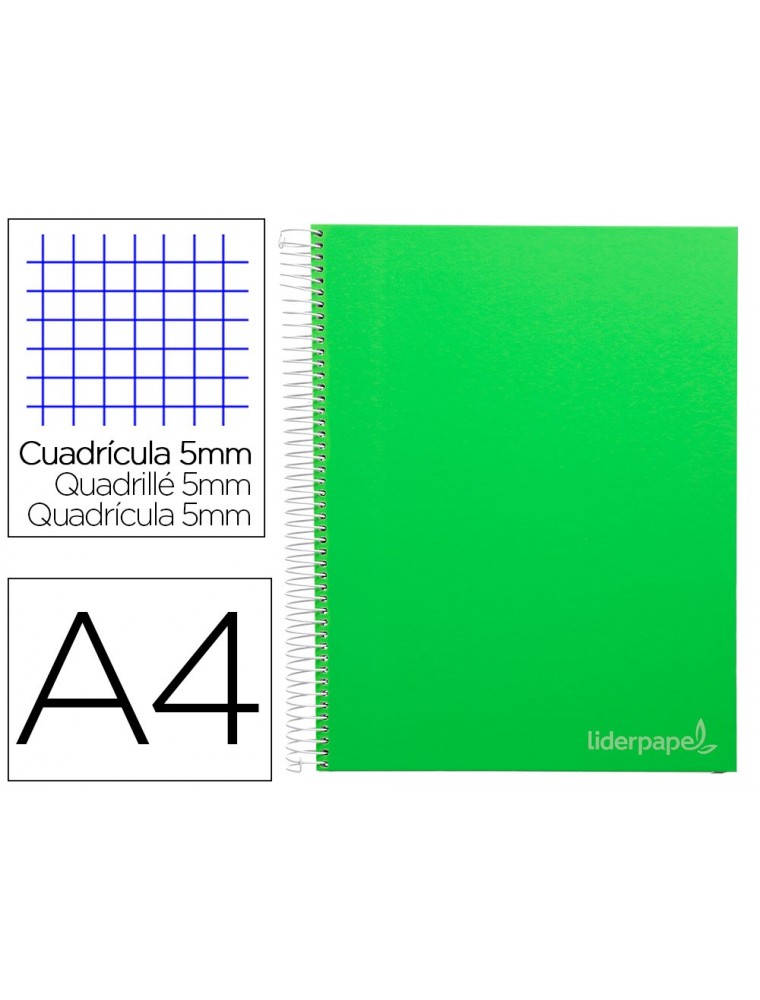 Cuaderno espiral liderpapel a4 micro jolly tapa forrada 140h 75 gr cuadro 5mm 5 bandas 4 taladros color verde