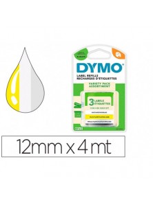 Cinta dymo metalizada letratag 12mm x 4mt papel blanco  plastico amarillo  metalica plata pack de 3