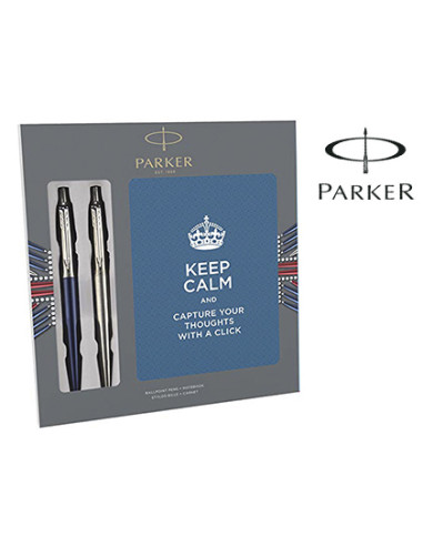 Boligrafo parker jotter acero + azul + bloc expositor de 9 sets regalo