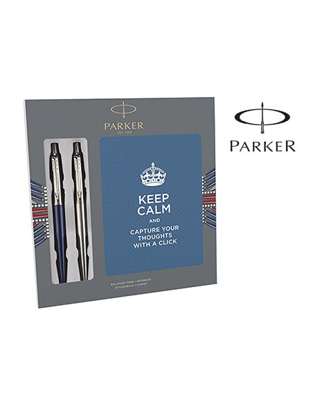 Boligrafo parker jotter acero + azul + bloc expositor de 9 sets regalo