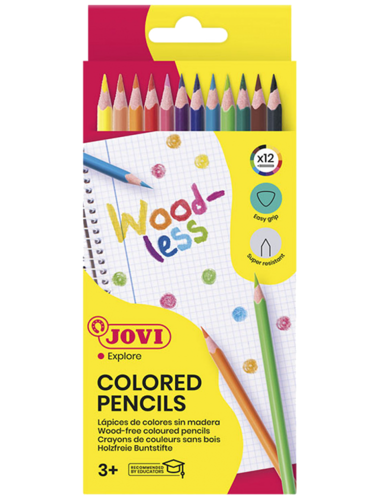 JOVI WOODLESS Estuche 12 lápices triangulares sin madera. Colores surtidos, Indicado para niños de 4 a 6 años
