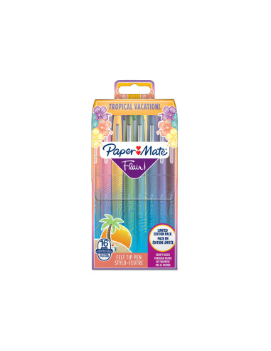 Rotulador paper mate flair original punta fibra tropical estuche rigido de 16 unidades colores surtidos