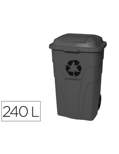 Papelera contenedor q-connect plastico con tapadera 240l color gris 1040x610x610 mm con ruedas