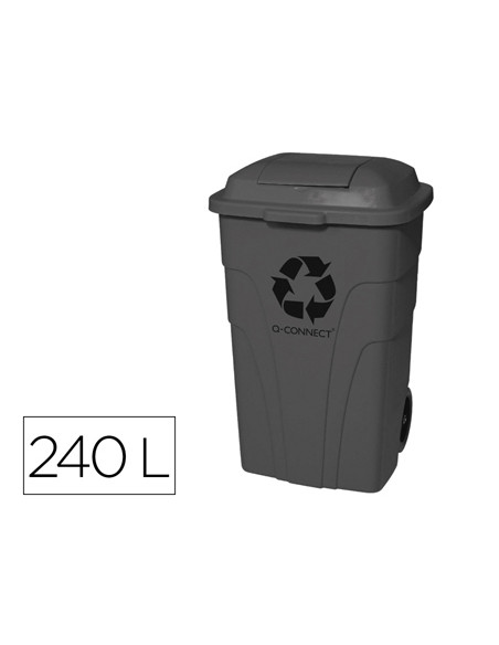 Papelera contenedor q-connect plastico con tapadera 240l color gris 1040x610x610 mm con ruedas