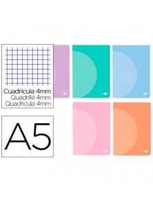 Libreta liderpapel 360 tapa de plastico a5 48 hojas 90gm2 cuadro 4 mm con margen colores pastel surtidos