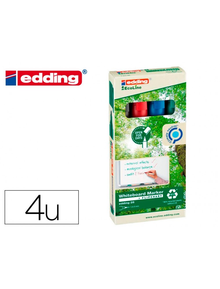 Rotulador edding 28 para pizarra blanca ecoline 90 reciclado bolsa 4 colores surtidos punta redonda 1,5-3