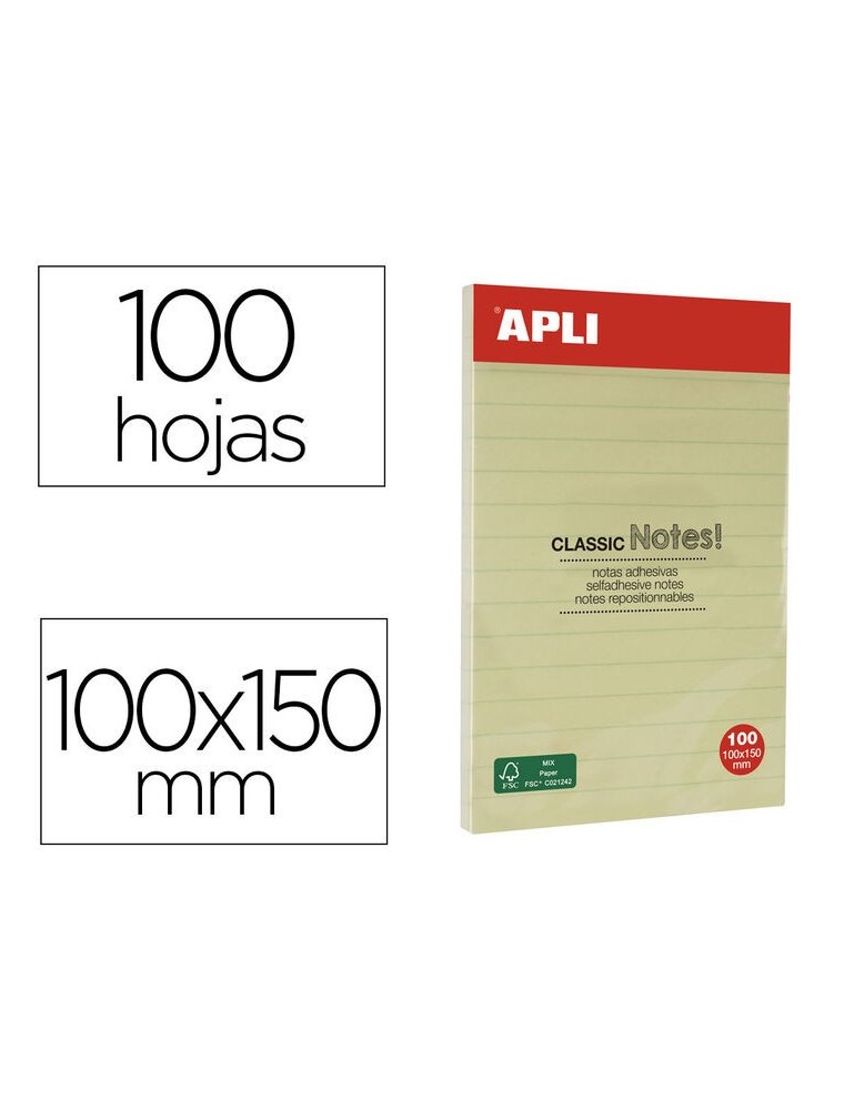 Bloc Notas Adhesivas Classic con Lineas 100x150mm - Bloc de 100 Hojas - Adhesivo de Alta Calidad - Facil de Despegar - Amarillo