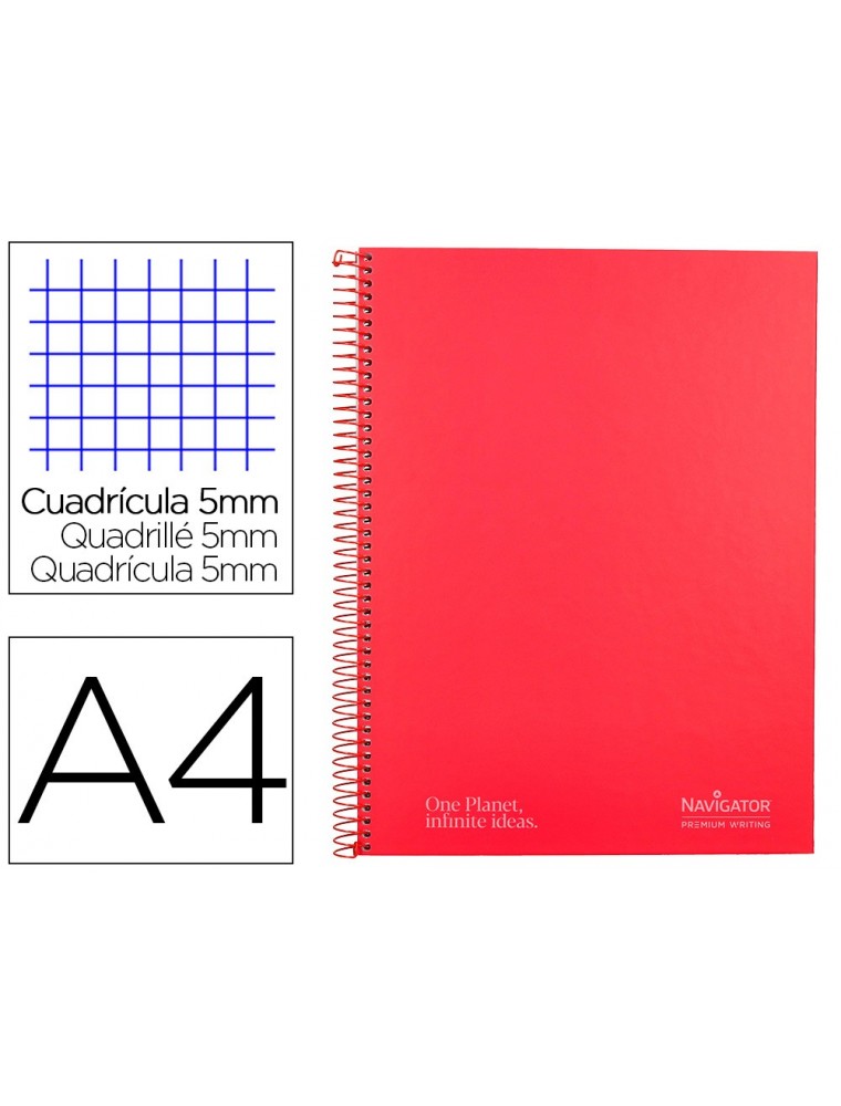 Cuaderno espiral navigator a4 micro tapa forrada 120h 80gr cuadro 5mm 5 bandas 4 taladros color Rojo.