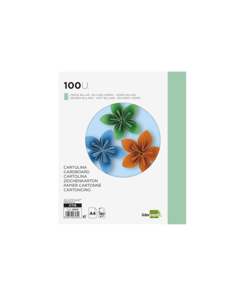 Cartulina liderpapel a4 180g/m2 verde billar paquete de 100 hojas