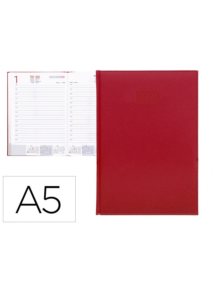 Agenda encuadernada liderpapel creta 15x21 cm 2024 dia pagina color Rojo papel 70 gr.