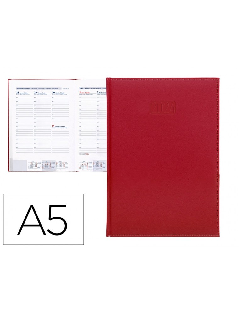 Agenda encuadernada liderpapel creta 15x21 cm 2024 semana vista color Rojo papel 70 gr.