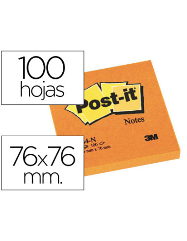 Bloc de notas adhesivas quita y pon post-it 76x76 mm naranja neon con 100 hojas