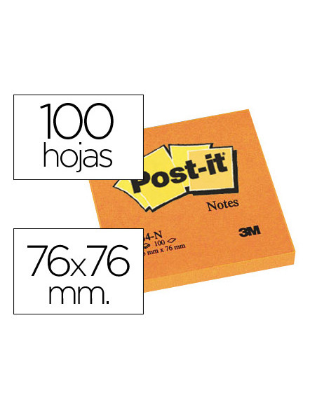 Bloc de notas adhesivas quita y pon post-it 76x76 mm naranja neon con 100 hojas