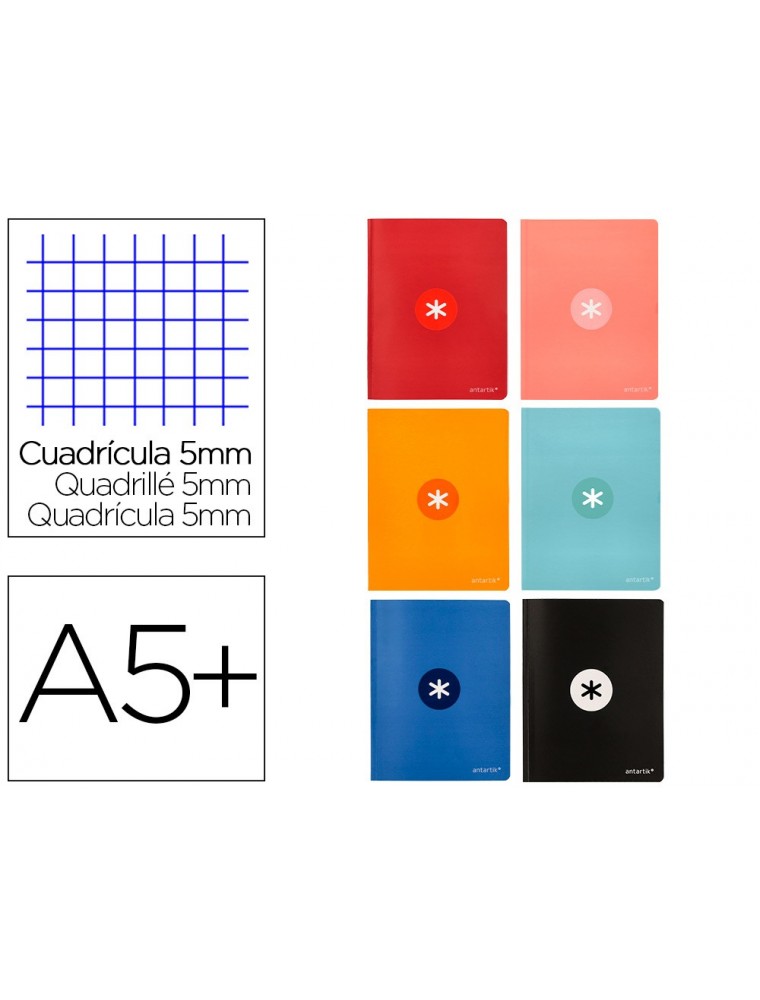 Libreta liderpapel antartik a5 plus cosida 48 hojas 90gm2 cuadro 5mm con margen 6 colores surtidos
