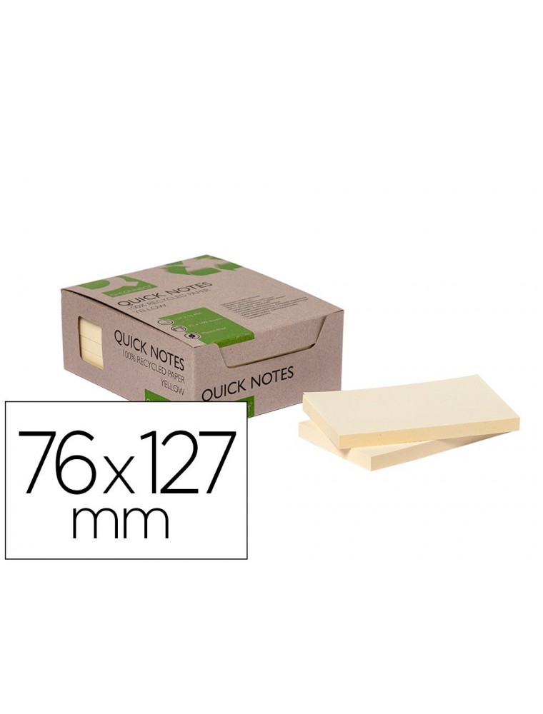 Bloc de notas adhesivas quita y pon q-connect 76x127 mm 100 papel reciclado amarillo en caja de carton