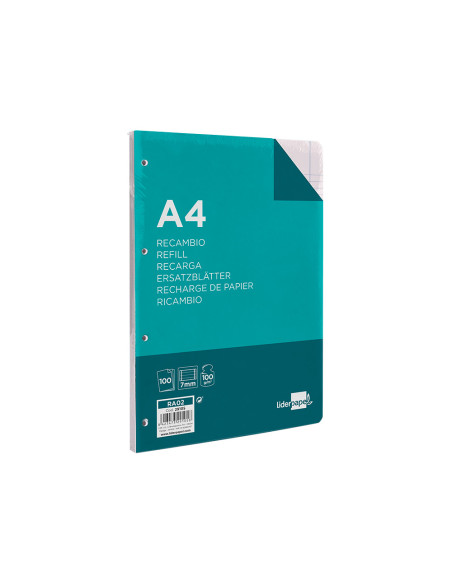 Recambio liderpapel a4 100 hojas 100g/m2 horizontal con doble margen 4 taladros