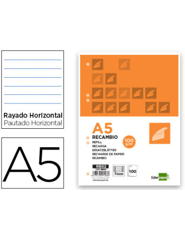 Recambio liderpapel a5 100 h 100g/m2 horizontal doble margen 6 taladros