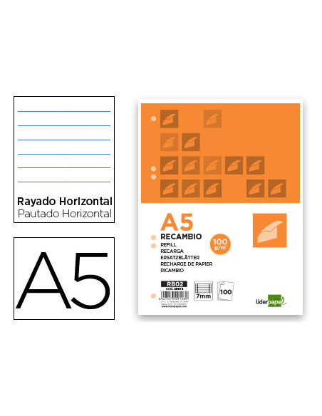 Recambio liderpapel a5 100 h 100g/m2 horizontal doble margen 6 taladros