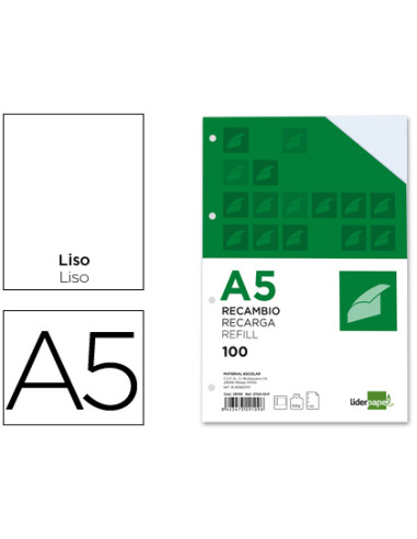 Recambio liderpapel a5 100h 100g/m2 liso doble margen 6 taladros