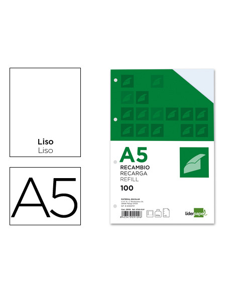 Recambio liderpapel a5 100h 100g/m2 liso doble margen 6 taladros