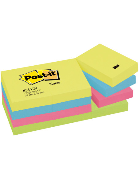 POST-IT BLOCS NOTAS 653 GAMA ENERGETIC AMARILLO,AZUL,FUSIA,VERDE NEÓN 38X51  -PACK 12-