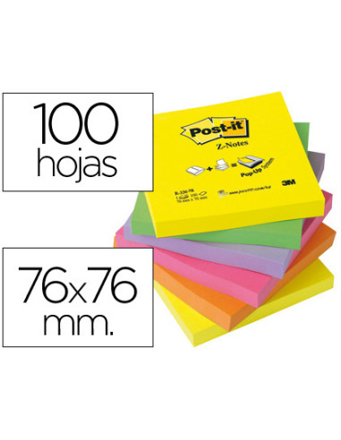 Bloc de notas adhesivas quita y pon post-it 76x76 mm z-notesultra intenso pack de 6 blocs surtido