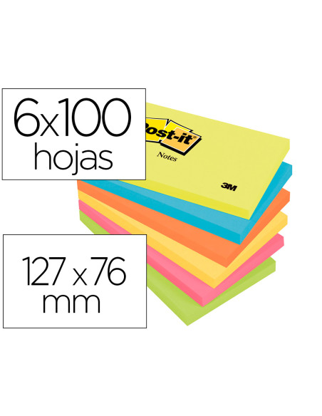 POST-IT BLOCS NOTAS 655 GAMA ENERGETIC AMARILLO ULTRA,AZUL ULTRA,NARANJA NEÓN,AMARILLO ULTRA,FUCSIA,VERDE NEÓN 76X127 -PACK 6-