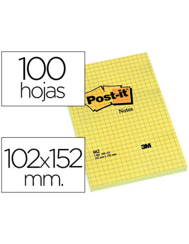 Bloc de notas adhesivas quita y pon post-it 102x152 mm cuadriculado 662