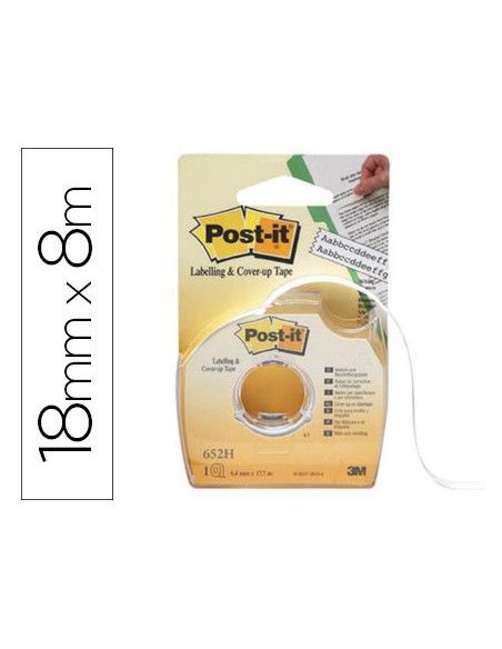 Cinta adhesiva post-it para ocultar y etiquetar 2 lineas 18 mt x 8 mm en portarrollo