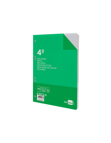 Recambio liderpapel cuarto 100 hojas 60g/m2 cuadro 3mm con margen 6 taladros