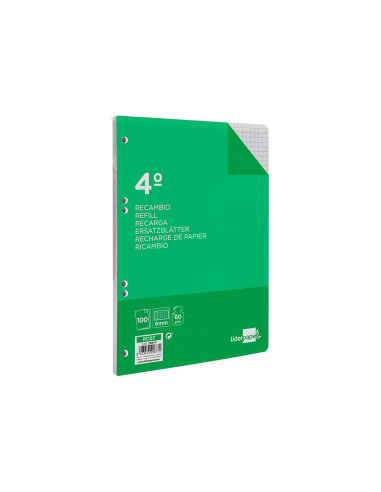 Recambio liderpapel cuarto 100 hojas 60g/m2 cuadro 6mm con margen 6 taladros