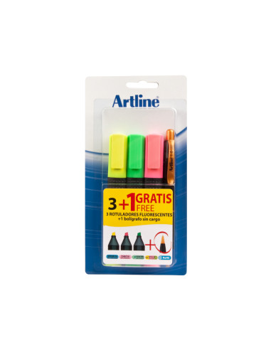 Rotulador artline fluorescente ek-660 blister de 3 unidades + 1 boligrafo serie 7000 sin cargo