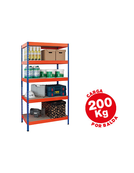 Estanteria metalica ar storage 180x90x45 cm 5 estantes 200kg por estante bandejas de maderasin tornillos azul naranja