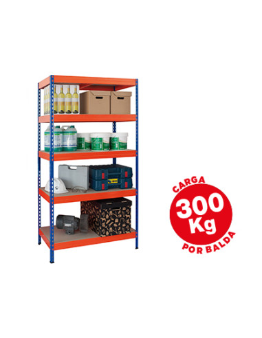 Estanteria metalica ar storage 192x100x50cm 5 estantes 300kg por estante bandejas de madera sin tornillos azul/naranja