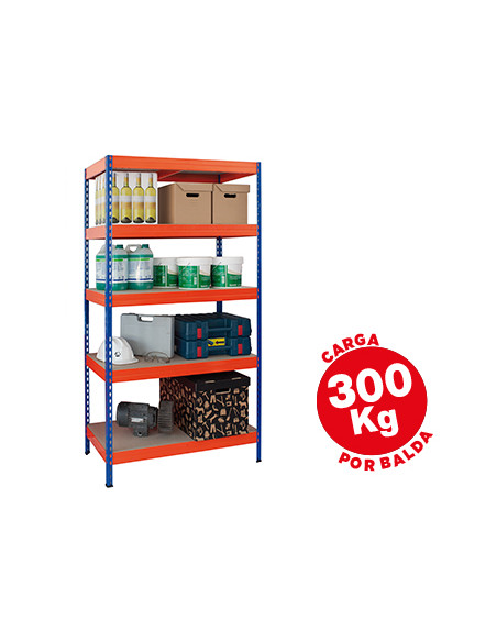 Estanteria metalica ar storage 192x100x50cm 5 estantes 300kg por estante bandejas de madera sin tornillos azul/naranja