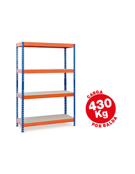 Estanteria metalica ar storage 200x100x60cm 4 estantes 430kg por estante bandejas de maderasin tornillos azul naranja