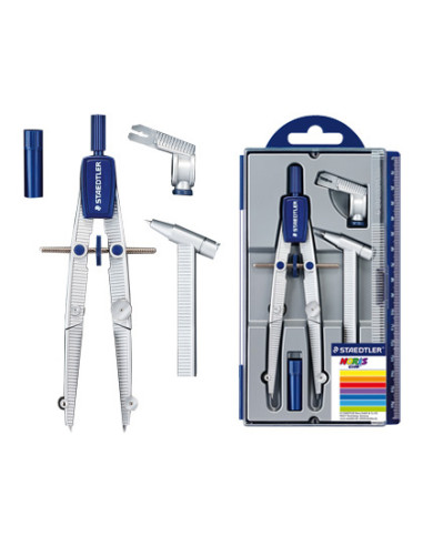 STAEDTLER SET DE COMPÁS ESCOLAR NORIS 550 ESTUCHE CON RUEDA CENTRAL ALARGADERA Y ADAPTADOR UNIVERSAL