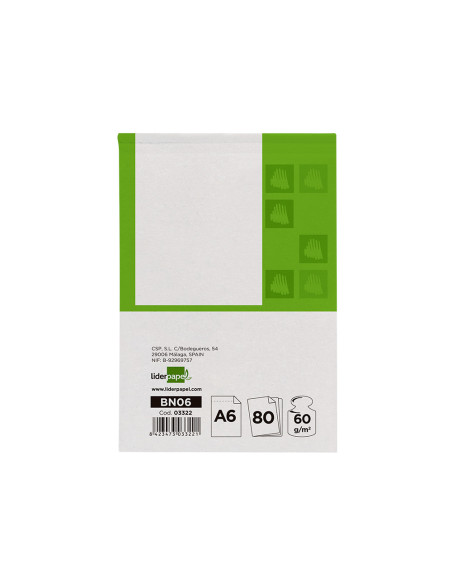 Bloc notas liderpapel liso a6 80 hojas 60g/m2 perforado