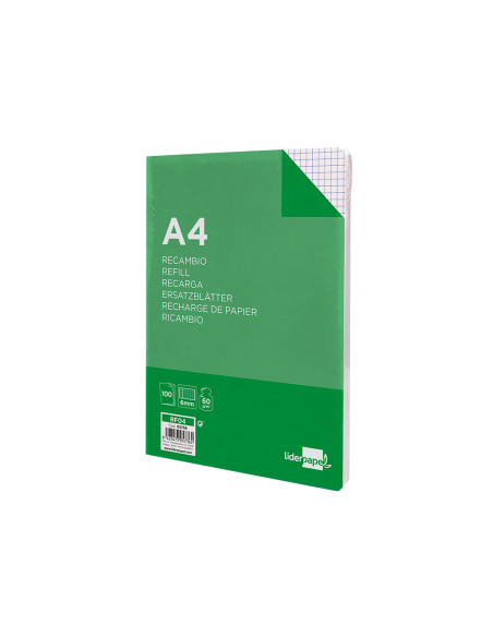 Recambio liderpapel din a4 100 hojas 75 gr cuadro 6 mm 4 taladros con margen