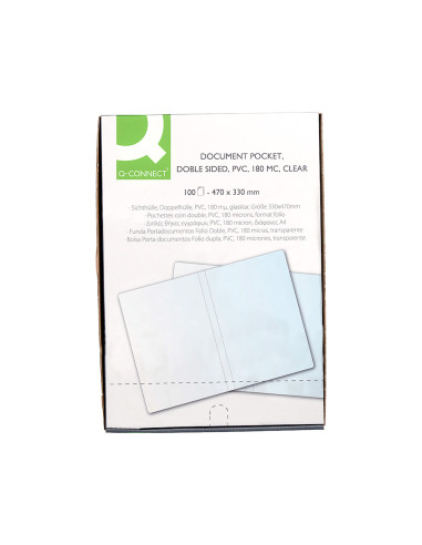 Funda portadocumento q-connect folio doble 180 micras pvc transparente 330x470mm